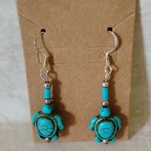 Turquoise Turtle Drop Earrings - Blue Stone Dangle Approx 1 Inch